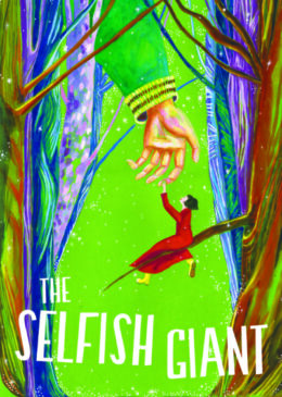 The poster for The Selfish Giant. A bright green background with a small girl dressed in red sitting on the branch of a tree. She is reaching up to a giant hand which is reaching down towards her from the top of the poster. 